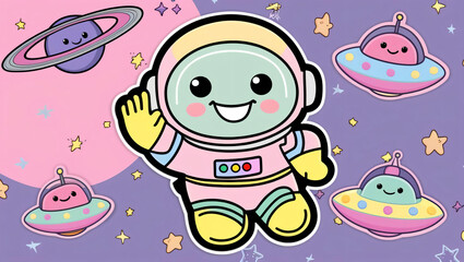 Cartoon Astronaut in Space with UFOs