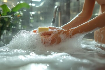 Fototapeta premium Woman washes her hands with soap under running water in a clean bathroom