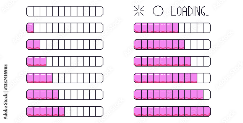 Fototapete pixel art loading bar interface. 8 bit game progress button elements set and text. waiting signs in 