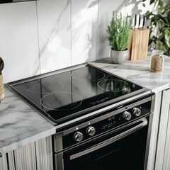 stiles' sporty black and stainless steel stovetop with a ceramic glass surface, on a marble countertop in the kitchen