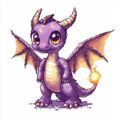 Fototapeta premium Pixel art of a cute purple dragon with glowing orange eyes, wings, and a fiery tail, designed in a retro video game style