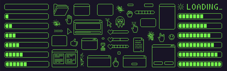 Pixel art retro windows interface. 8 bit text boxes with loading, cursors, arrow. Green stroke console folder. Digital game document in retro 80s style. Vector set illustration.
