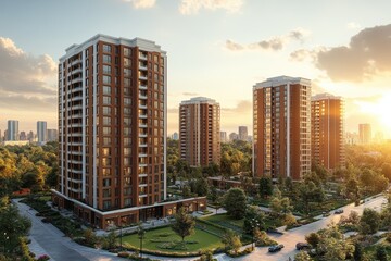 Fototapeta premium Construction of modern residential complex in urban area during golden hour