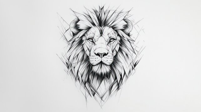 Detailed black and white lion illustration with geometric elements.