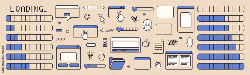 Fototapete pixel art loading elements. windows interface vintage. 8 bit browser and menu elements with cursors 