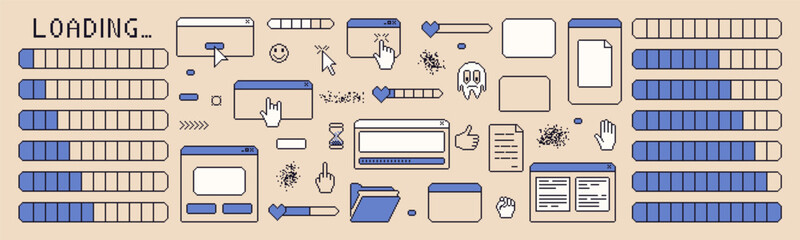 Pixel art loading elements. Windows interface vintage. 8 bit browser and menu elements with cursors and load bar. Pixel screens 90s style. Ui message frames figures. Vector set isolated illustration.