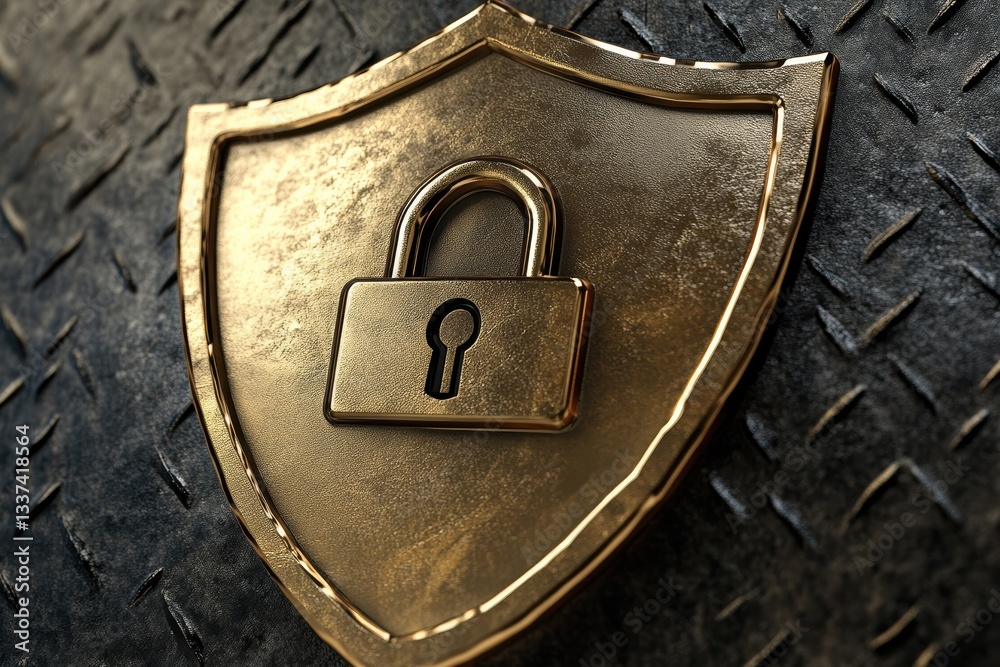 Poster digital icon representing cyber security with shield and lock symbolizing data protection