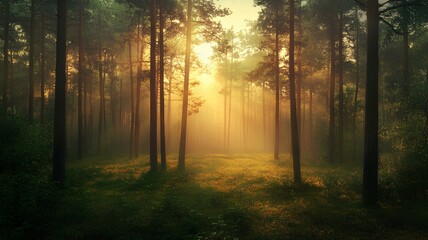 Fototapeta premium Mysterious misty forest at sunrise. 3d render illustration