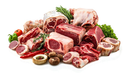 A variety of meats and vegetables are displayed on a white background. Concept of abundance and variety, as there are many different types of meat and vegetables on display