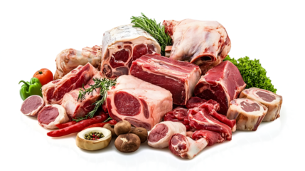 A variety of meats and vegetables are displayed on a white background. Concept of abundance and variety, as there are many different types of meat and vegetables on display