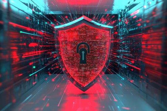 Digital code flows through a shield with a lock, representing cyber protection and security
