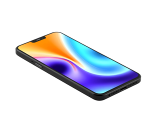 Isometric view of a sleek black smartphone with a colorful abstract screen display.