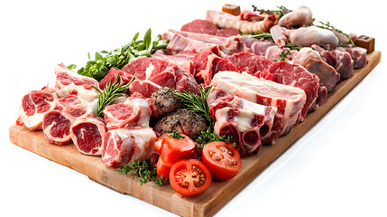 A variety of meats and vegetables are displayed on a wooden cutting board. The meats include beef, chicken, and pork, while the vegetables include tomatoes and herbs. The presentation is colorful