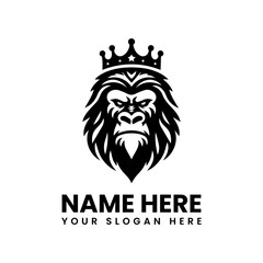 Detailed crowned gorilla face silhouette. Classic regal primate motif