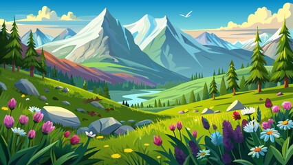 Lush alpine meadow surrounded by majestic mountains , nature, landscape, alpine, meadow, grass, flowers, mountains © ehsanollah