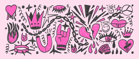 Rock girly crayon drawn set. Punk coquette breaking heart doodle background. Horns sign, fire and crown naive style. Scribble grunge poster elements. Vector by pencil isolated illustration collection.
