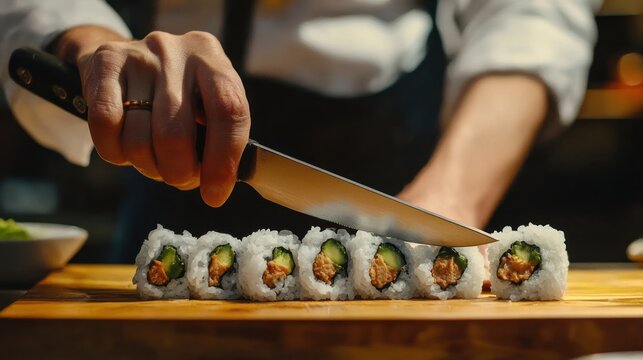 Masterful Sushi Preparation: A Close-Up of a Chef Slicing Freshly Made Sushi Rolls with Precision