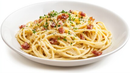 Classic spaghetti carbonara with a creamy egg sauce, crispy pancetta, and black pepper, served in a white dish on a white background.

