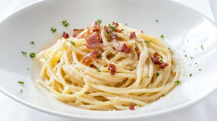 Classic spaghetti carbonara with a creamy egg sauce, crispy pancetta, and black pepper, served in a white dish on a white background.

