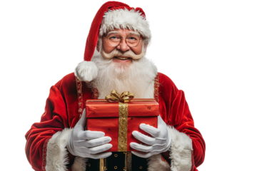 Cheerful Santa Claus presenting a Christmas box with sparkles isolated on transparent background