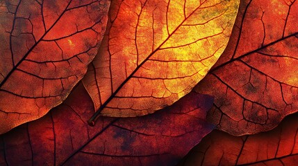 High-resolution macro of autumn leaves with dark veins and soft glowing orange and red gradients highlighting natural patterns --ar 16:9 - Image #1 @HS