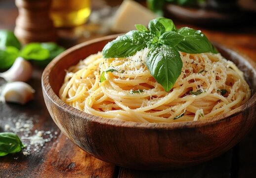 A delicious bowl of spaghetti topped with fresh basil and grated cheese on a rustic wooden table - Powered by Adobe