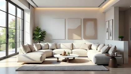 A stylish modern living room showcasing white furniture, large windows, and a clean, open layout