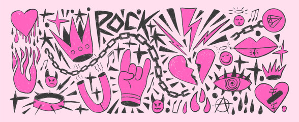 Rock and roll girly crayon drawn set. Punk coquette breaking heart doodle background. Scribble grunge poster elements. Broken heart, crown and sketch stars. Vector illustration by pencil isolated.