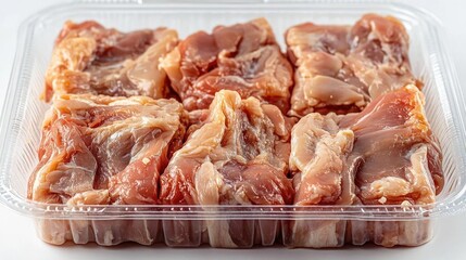 Fresh raw chicken pieces arranged neatly in a transparent tray, ideal for meal preparation