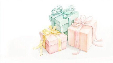 Obraz premium Delicate Watercolor Painting of Pastel Gift Boxes with Mint Green, Blush Pink, and Soft Yellow Ribbons - Airy, Transparent Design Perfect for Celebrations and Special Occasions