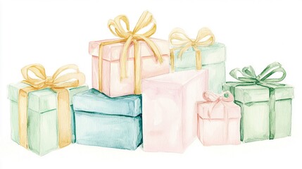 Obraz premium Delicate Pastel Watercolor Painting of Gift Boxes Stacked with Ribbons - Soft Mint Green, Blush Pink, and Yellow - Airy and Light Design for Elegant Celebrations and Events
