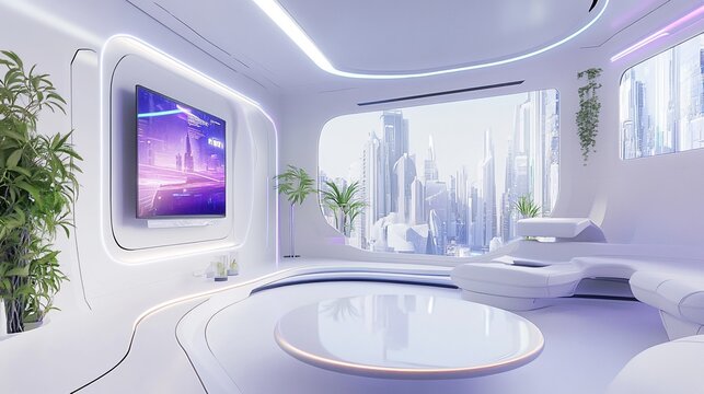 Explore the Future of Interior Design: Futuristic Living Room with Curved White Walls, Sci-Fi Cityscape Views, and High-Tech Features for a Modern Lifestyle