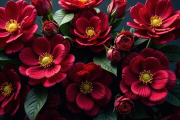 Deep burgundy & gold floral arrangement, opulent blooms, dahlias, shadow