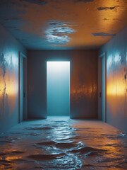 A surreal hallway with a glowing doorway and water-covered floor. The walls have abstract color patterns.