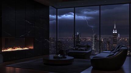 Fototapeta premium Stunning All-Black Living Room in Sleek NYC Penthouse: Minimalist Fireplace and Dramatic Stormy Skyline Create an Inviting, Modern Atmosphere for Cozy Evenings