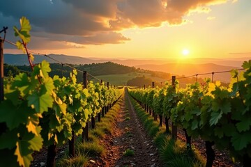 Golden hour light bathes rolling hills of grapevines, sunset hues , photography, landscape, serene