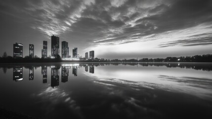 Fototapeta premium City skyline reflected in calm water at dawn