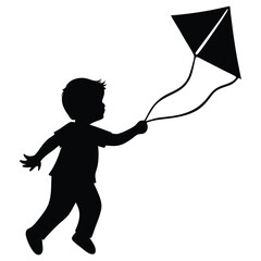 A child silhouette flying a kite, vector art illustration, Silhouette little boy playing kite