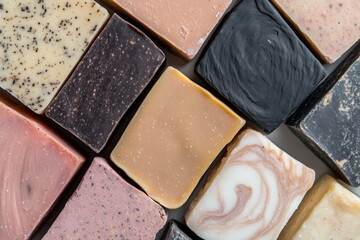 Fototapeta premium view of neatly arranged handmade soap bars, each unique in its marbling, speckling, and smooth matte texture