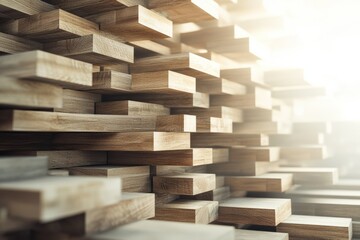 Graphic layouts showcase stacked wooden materials in a modern design setting