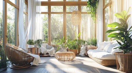 Fototapeta premium Stunning Boho-Inspired Sunroom: A Cozy Retreat with Lush Greenery, Wicker Furniture, and Soft Linen Drapes Bathed in Natural Light – Perfect for Relaxation and Aesthetic Appeal.