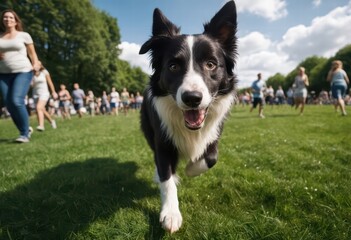Fototapeta premium Border collie running outdoors on the green grass of a public park, doyy playinh outdoors in the nature