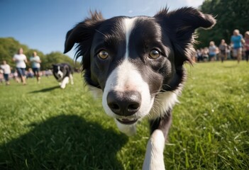 Border collie running outdoors on the green grass of a public park, doyy playinh outdoors in the nature