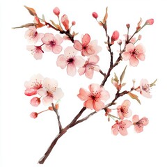 Delicate watercolor blossoms on a branch, in soft pinks and whites, against a white background.  A beautiful spring or early summer floral design