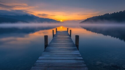 Fototapeta premium Sunrise pier, misty lake, mountain backdrop, calm