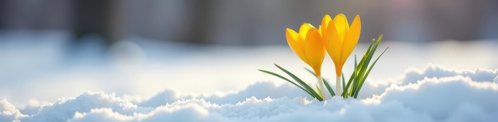 Naklejka premium Yellow crocus emerging from snowdrift, early spring , outdoor, floral