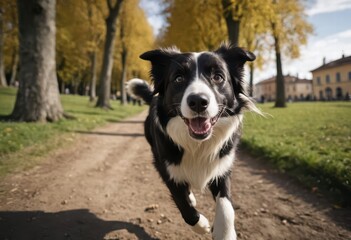Fototapeta premium border collie dog running outdoors in a park on autumn, doggy playing outdoor on urban city streets with yellow leaves
