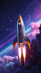 Fototapeta premium Rocket launch through a vibrant cosmos of purple and pink nebulas. A symbol of ambition and exploration in the boundless space.
