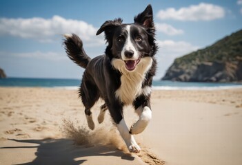 Fototapeta premium border collie dog running outdoors on the sand of the beach, doggy playing outdoor on the coast of the shore near the water and the waves ocean