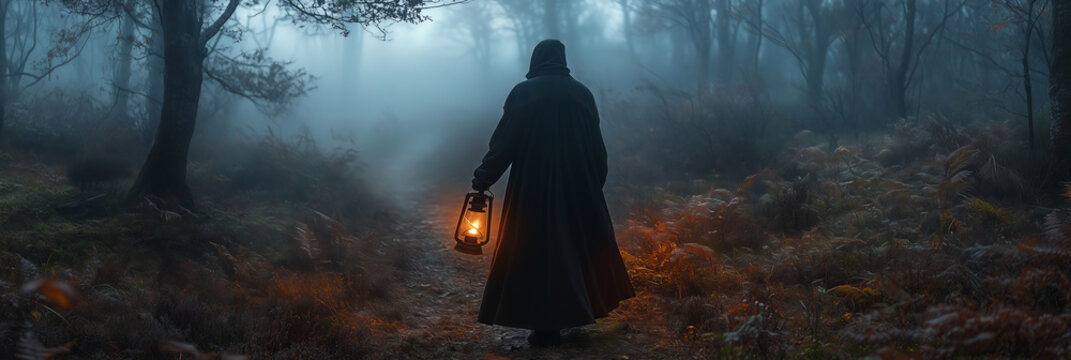 Mysterious figure walks through foggy forest with lantern at dusk